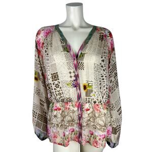 Johnny Was Fawn Mixed Print Blouson Top Size L Button Down Long Sleeve Boho
